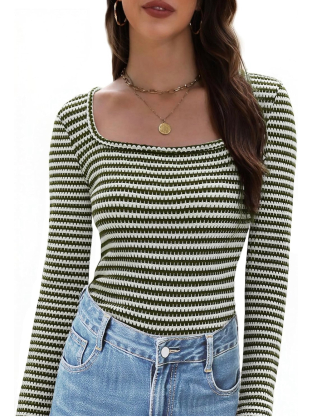 NEW Striped Long Sleeve Shirt Slim Fit Square Neck Tops XL